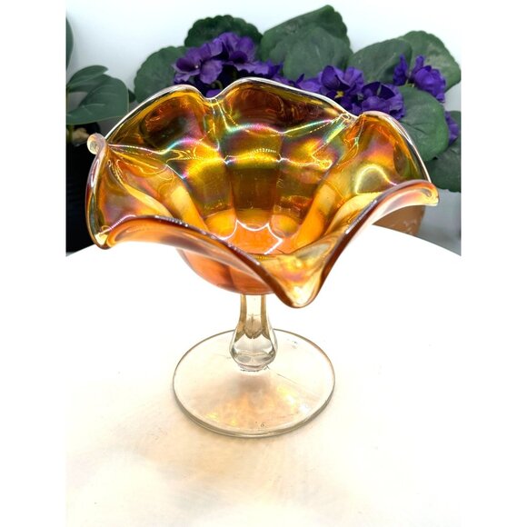 Vintage Iridescent Marigold Carnival Glass Compote Dish - Picture 4 of 8